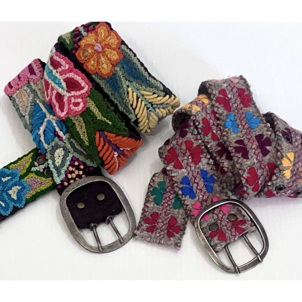 Jenny Krauss 2 Handmade Colorful Floral Embroidered Wool Belt Peru Mexico SZ M